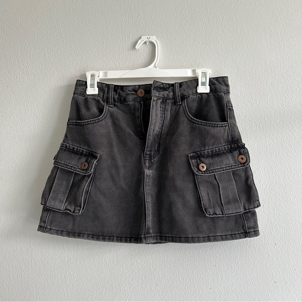 Washed Grey Denim Cargo Skirt